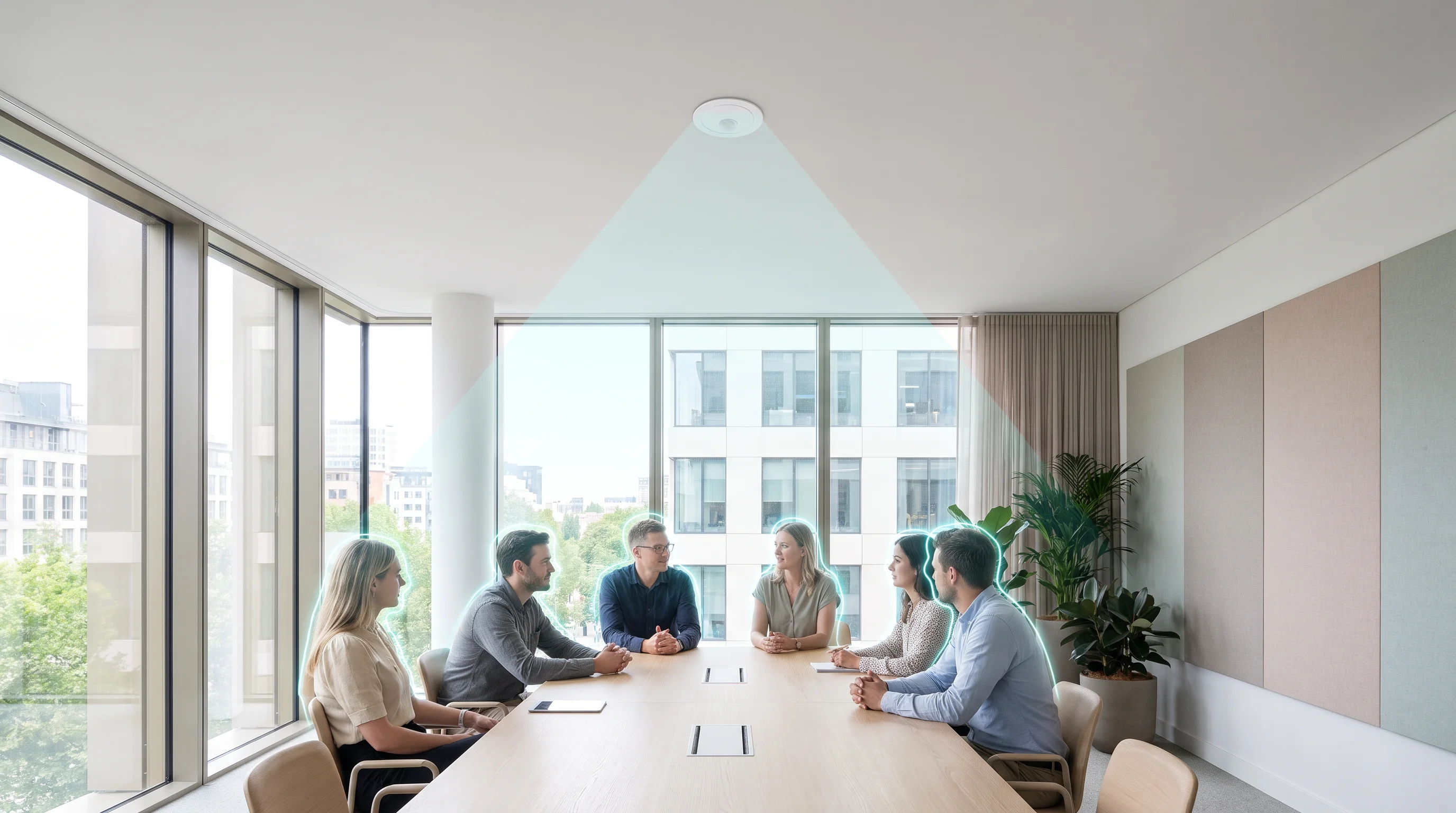 Illustration of a ceiling-mounted occupancy sensor above people using a meeting room