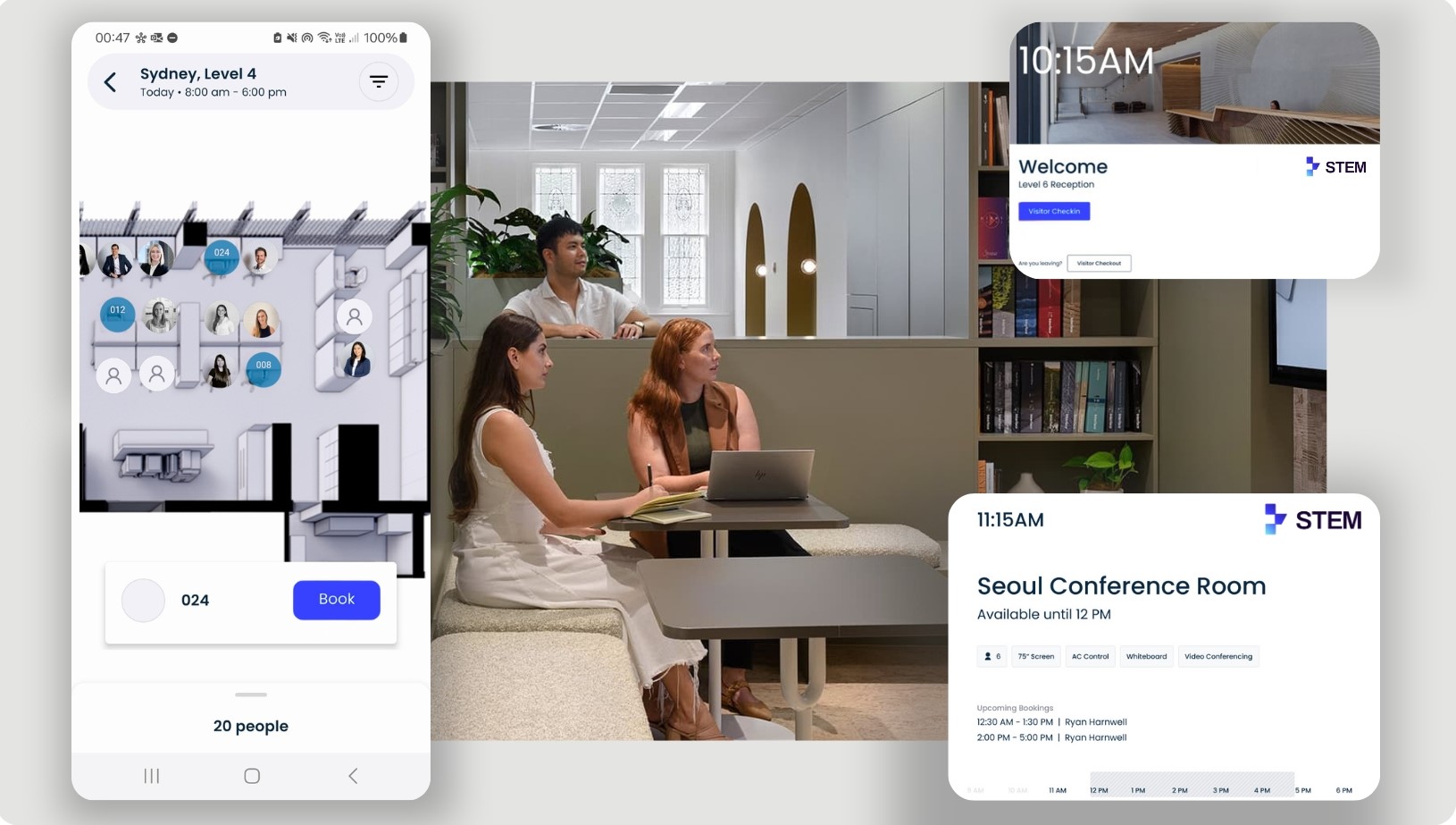 STEM desk booking, visitor check-in and meeting room interfaces in a workplace